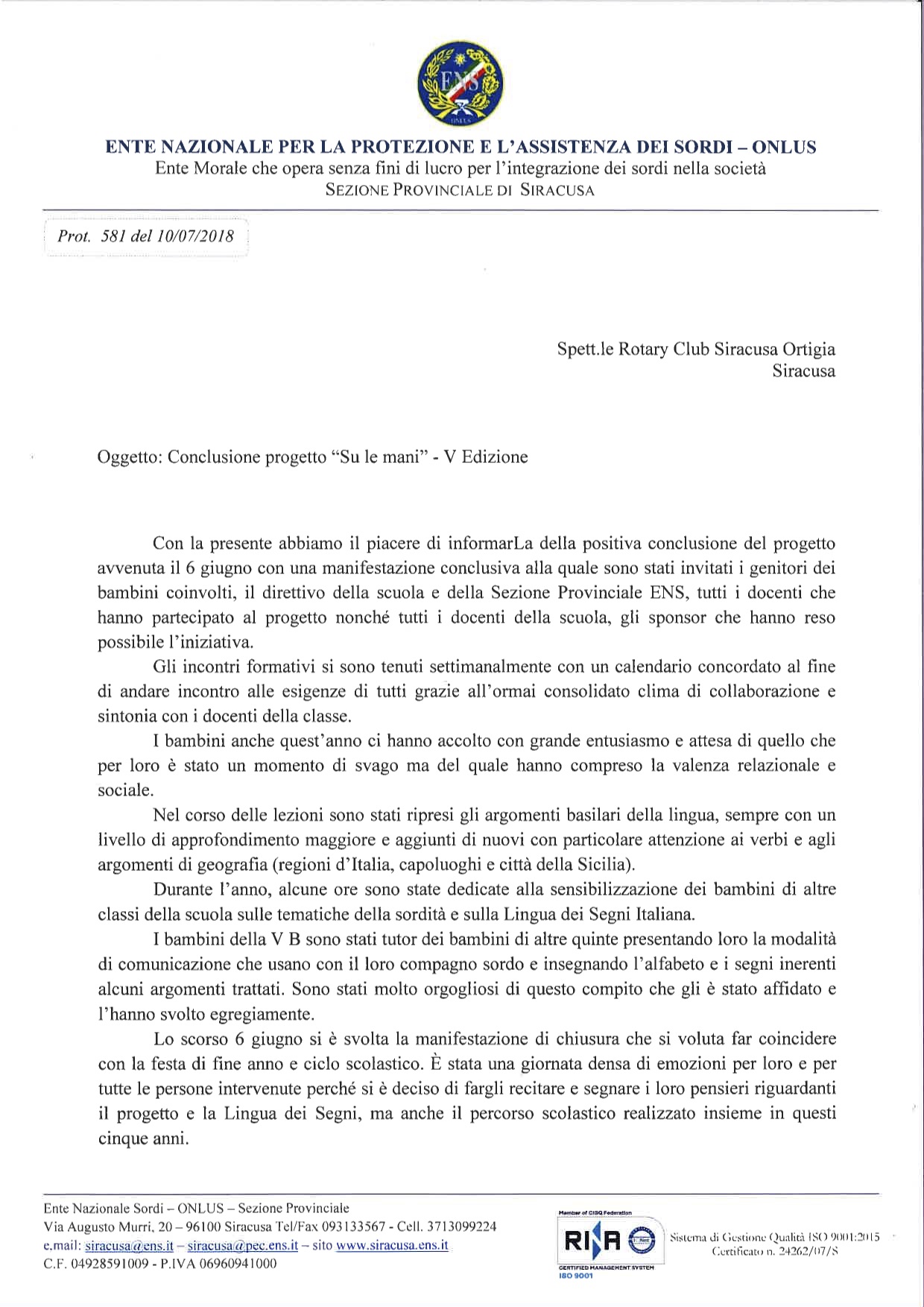Nota prot. n. 581 del 10 LUG 2018